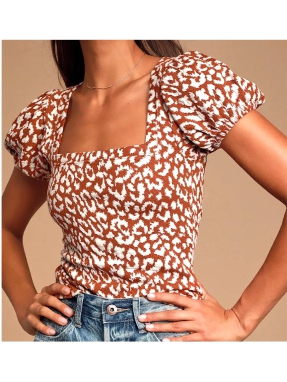 Free People Women's Sz Medium Brown & White Square-Neck Leopard Puff-Sleeve Top